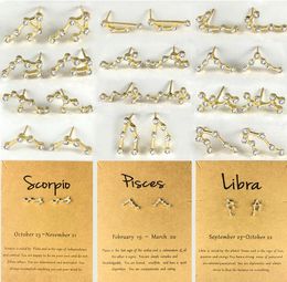 Women 12 Constellations Metal Diamonds Crystal Stud Earrings Silver Gold Zodiac Sign Earring Jewellery with Gift Card