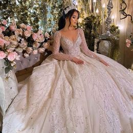 Champagne Ball Gown Wedding Dresses Appliques V Neck Long Sleeves Appliques Sequins Beads Lace Ruffles Floor Length Shiny Princess Bridal Gowns Plus Size