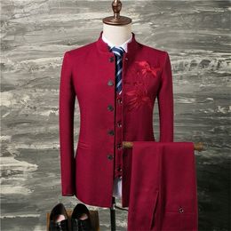 Classic Red Men Suit coat with Vest and Pants Fashion Chinese Retro Style Men Wedding Groom Suit Size 4XL Stand Collar Suits Man T200303