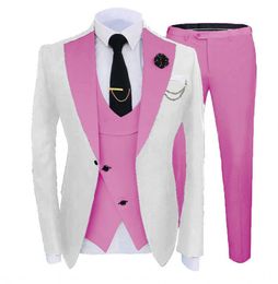 Brand New White Groom Tuxedos Pink Notch Lapel Slim Fit Groomsmen Wedding Dress Excellent Man Jacket Blazer 3 Piece Suit Jacket Pants Vest Tie 1299