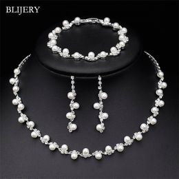 BLIJERY Fashion Simulated Pearl Crystal Bridal Jewellery Sets Simple Women Choker Necklace Earrings Bracelet Wedding Jewellery Sets 220726