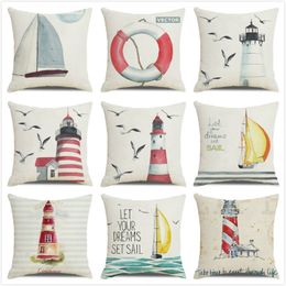 Pillow Case Wholesale 45cm 45cm Watercolour Lighthouse Navigation Sea Linen Cotton Throw Pillow Covers Cushion Cover Home Decor Pillowcase 220623