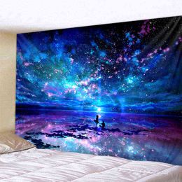 Galaxy Psychedelic Landscape Wall Carpet Hippie Couple Under Starry Sky Wall Hanging Carpet Blanket Dorm Wall Cloth J220804