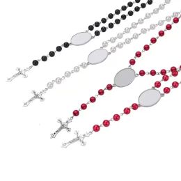 4 Colours Sublimation Necklace Heat Transfer Pendant Rosary Bead Necklace Cross Jesus Metal Pendants FY5342