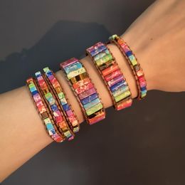 Chakra Bracelet Jewelry Handmade Multicolor Natural Stone Tube Beads Leather Wrap Bracelet Couples Bracelets Gifts