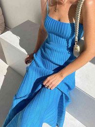 Woman Solid Color Knit Sling Dress Sexy Sleeveless Slim Corset Fit Pleated Clothes 2022 Summer Fashion Elegant Robe T220816