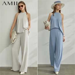 AMII Minimalism Spring Summer 2pcs Set Halter Solid Women Blouse Tops High Waist Loose Causal Pants LJ200810