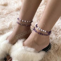 Boho Handmade Purple Broken Stones Anklet Set for Women Multilayer Seed Beads Summer Ocean Beach Foot Chains Jewelry