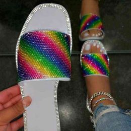 Terlik Kadınlar Rhinestone Renkli Bayanlar sldies büyük boyutlu bling kristal dişi flip floplar tatil plaj ayakkabıları kadın 220530