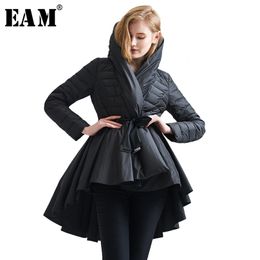 EAM Temperament Winter Fashion Loose Coat Pattern Dovetail Hem Parkas Jackets Women Solid Color Coat YA108 201126