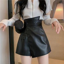 Women's Two Piece Pants Lucyever 2022 Autumn Set Women O-neck Hole Zipper Knitted Top And Irregular Diagonal Buttons PU Leather Shorts Femal