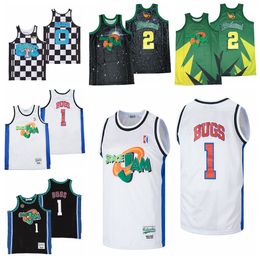 Movie Basketball Space Jam Tune Squad Looney 1 Bugs Bunny Jersey 2 Daffy Duck 0 MONSTARS Chequered Uniform HipHop Black White All Stitched Breathable For Sport Fans