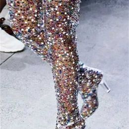 Botas por encima de la rodilla de PVC de cuero transparente para mujer, zapatos de tacón alto cuadrados de cristal multicolor con punta en pico para mujer, zapatos de pasarela 210911