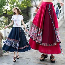 Skirts Vintage Oriental Chinese Traditional Dress Women Ethnic Skirt Female Autumn Winter Long Blue Red Patchwork Embroidery Midi SkirtSkirt