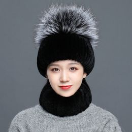 Real Rex Rabbit Fur Hat Scarf Set Femmes Winter Hiver Warm Boneie Cap moelleux Soft