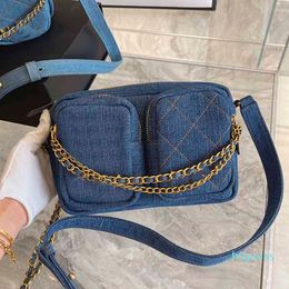 Designer- Classic Women Crossbody Camera Bag Women Solid Denim Fabric Shoulder Bag Luxury Vintage Gold Chain Zipper Tote Bags