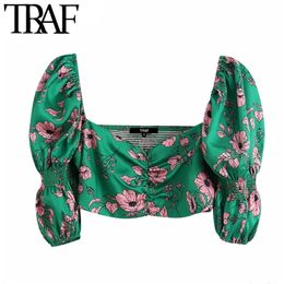 TRAF Women Sweet Fashion Floral Print Cropped Blouses Vintage V Neck Puff Sleeve Back Stretch Female Shirts Chic Tops 210401