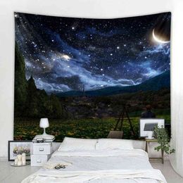 Starry Sky Forest Landscape Decoration Carpet Curtains Nordic Style Bohemian Hippie Wall J220804