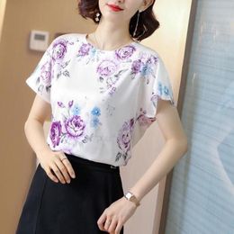 Women's Blouses & Shirts Korean Fashion Silk Women Satin Flower Batwing Sleeve White Loose Blusas Femininas Elegante MujerWomen's