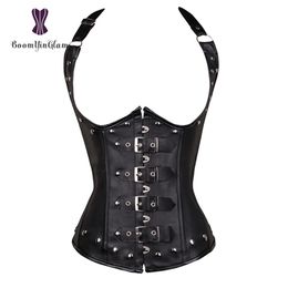 Black Women s Punk Style Spiral Steel Boned Waist Trainer Cincher Shaper Faux Leather Corset Underbust For Party Costumes 828 220524