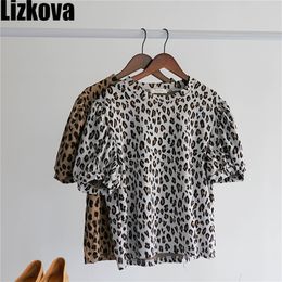 Lizkova Leopard Print Tee Shirt Women Short Sleeve Summer Vintage Tops 2020 Puff Sleeve O neck Casual Shirts LJ200814