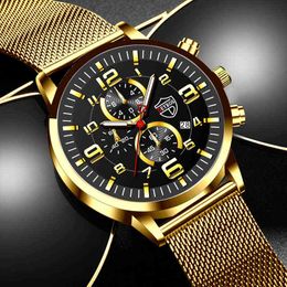 Brand Fashion Men's Gold es Men Luxury Stainless Steel Mesh Belt Quartz Wrist Male Business Casual Leather Strap Clock Y220707
