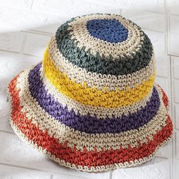 Fashion Handmade Colorful Striped Straw Hat Female Summer Small Fresh Literary Travel Sun Wide Beach Foldable Brim Hats Elob22