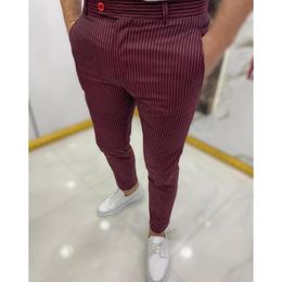 Men's Pants Striped Trousers For Men Fashion Men's Clothes Wine Red Stright Casual Classic Retro Wedding Party Formal Suit Bottoms