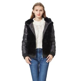 Real Rex Rabbit Fur Coat With Hood Down Coat Jacket Sleeves Sporty Fashion Real Fur Jacket Hooded with down fur coat women 201103