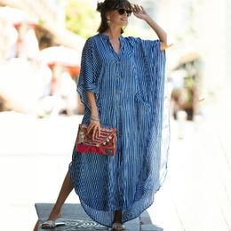 Causal Striped V-neck Button Front Open Summer Beach Dress Blue Tunic Women Plus Size Clothes Maxi Dresses Q1097 220510