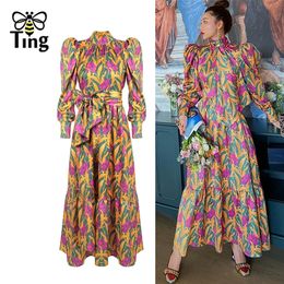 Tingfly Vintage Designer Runway Puff Sleeve Spring Autumn Midi Long Dresse Party Night Dresses Floral Sexi Aesthetic Robe 220423