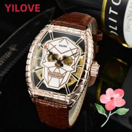 Tonneau Skull Skeleton Dial Genuine Leather Men Watch Mechanics Automatic Brown Black Leather Clock Waterproof Stainless Steel Case Business Wristwatches