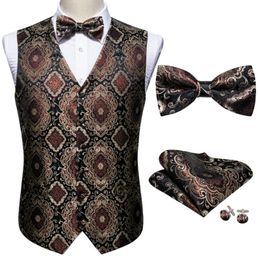 Men's Vests Fashion Brown Floral Silk Vest Waistcoat Men Suit Butterfly Handkerchief Cufflinks BowTie Barry.Wang Business DesignMen's