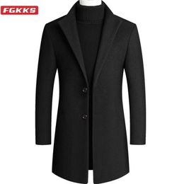 FGKKS Men's Camel Wool Coat Autumn Winter Men Slim Fit Warm Coats Solid Colour Casual Mid-Length Wool Blends Mens Coats 4xl 201127