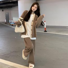 Women's Two Piece Pants Sportswear Two-Piece Set Spring And Autumn Top Cardigan Knitted Sweater Loose Solid Color Coat Wide Leg Suit