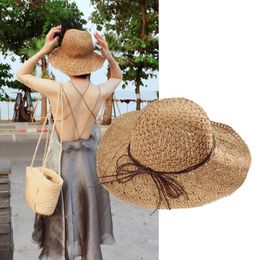 Wide Brim Hats Folding Straw Hat Women's Summer Outing Sun Visor Holiday Bow Tie Cool Seaside Beach Tide HatsWide