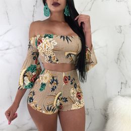 Floral Print Casual Two Piece Set Off Shoulder Cami Top & Shorts Set Summer Short Tracksuit Women Sexy Bodycon Romper S-XXL 220423