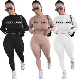 Autumn Tight Solid Color Lucky Label Suit Long Sleeve Breathable Two Piece Set European and American Fashion Women s Clothing LJ201125