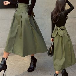 shintimes Skirts Womens Korean Fashion Solid Colour Big Swing Ladies Long Autumn Wild High Waist Bow Slim 220317