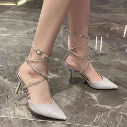 Sandals Ankle Strap Crystal Pumps Women 2022 New Punch Shoe High Heels Gladiator Shoes Woman Stiletto Silver Party 220419