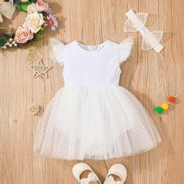 Девушка платья рожденные девочка платье летние летающие рукава белые сладкие принцесса сетка младенца мод
