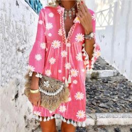 Casual Dresses Vintage Sexy Women Summer Dress Pink Floral Print Loose Plus Size Sundress Party Beach Mini Ropa De Mujer