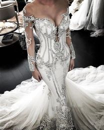 lace top mermaid wedding dress NZ - UPS Sheer Mesh Top Lace Mermaid Wedding Dresses 2022 Tulle Lace Applique Beaded Crystals Long Sleeves Wedding Bridal Gowns