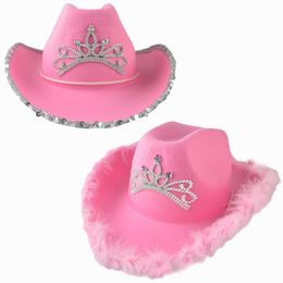 pink beret hats Australia - Berets Pink Panama Hat Feathe Women's Party Cowboy Wide Brim Winter Bucket Woolen Cap For Female Cosplay Princess Crown YFM043Berets