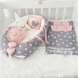 Jaju Baby Handmade Grey and Powder Star Orthopaedic Luxury Babynest 5 Piece Set Baby Crib Bedding Set Mother Side Portable Bed 220531