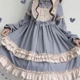 Hstar Cute Women's Lolita OP Dress Flouncing Trim Japanese Harajuku Long Sleeves victorian dress Vestidos gothic lolita cosplay 220418