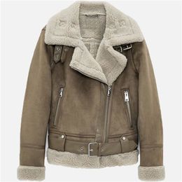 Winter Fleece Thick Women's Jacket Retro Suede Lambs Wool Warm Moto Biker Coat Belt Pockets Zipper Faux Leather Woman Jackets 201214