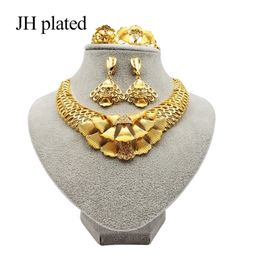 Dubai Fashion flowers gold Colour Jewellery sets African wedding gifts party for women Necklace Bracelet earrings ring collares set 201222