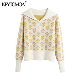 KPYTOMOA Women Fashion With Button Floral Print Knitted Sweater Vintage Lapel Collar Long Sleeve Female Pullovers Chic Tops 201225