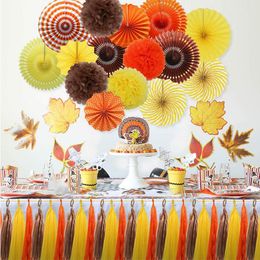 Party Decoration 27Pcs Orange Yellow Brown Fall Thanksgiving Harvest Wedding Decorations Hanging Autumn Paper Fans Flowers Tassel GarlandsPa